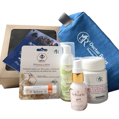 Caja regalo para homenajear a nuestras mujeres: Resveratrol - Bálsamo - Mouse - Gel Hidratante + Cartuchera  + tarjeta + Envió Gratis.